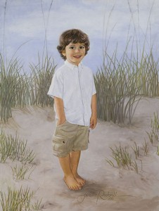 Jessica Rockwell portrait artist paints canvas of Little Boy at Beach