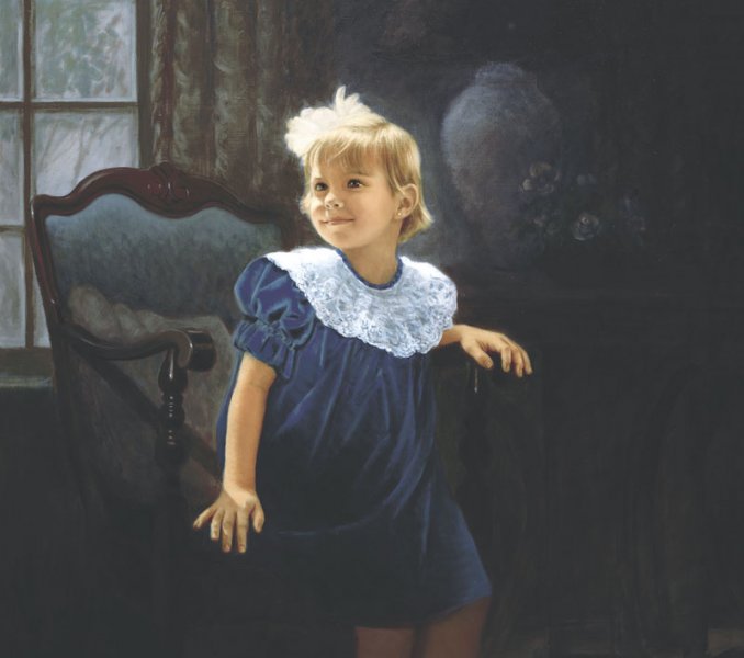 portrait oil painting of little girl in velvet dress