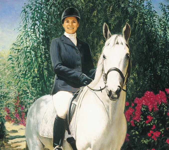 oil portrait painting of woman on white horse