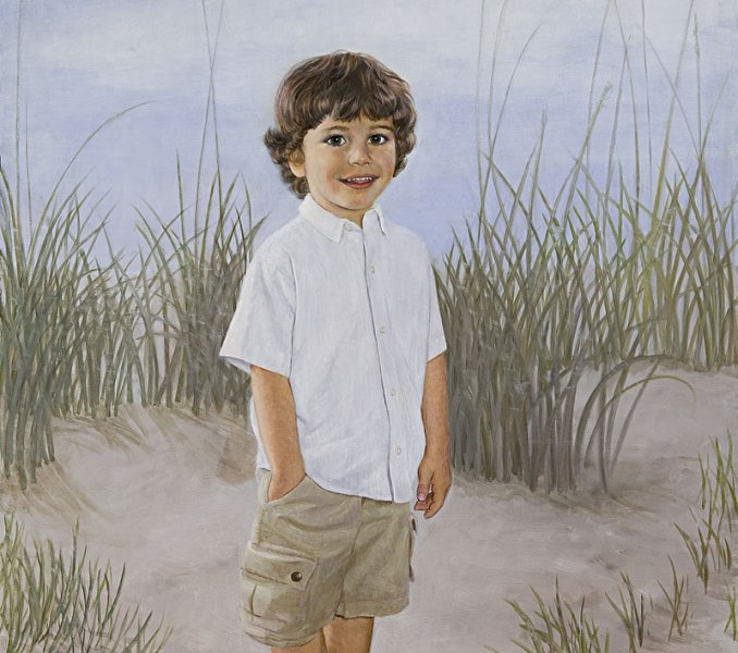 portrait oil painting of little boy at beach