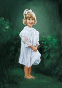Little girl portrait in oil in a white dress standing in a garden