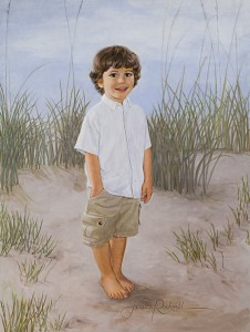 grandchild oil painting of little boy in khaki pants at the beach and blue sky