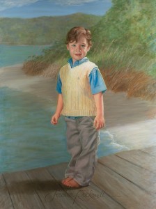 third grandchild's oil portrait of a little boy standing on a dock