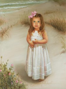 oil painting of my granddaughter with long hair standing on the beach