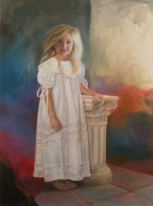 oil portraiture of a little girl in a white dress in front of an abstract background