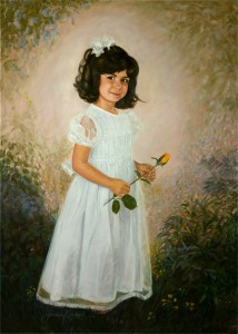 Last of three little girl oil portraits shows child in a white dress