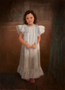 Classic oil portrait of little girl in old-fashioned dress
