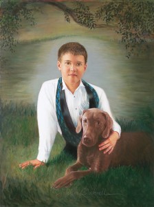 Oil portrait of my son with his dog in front of trees and a stream