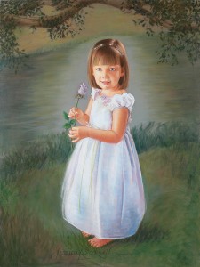 Little girl oil portrait of a child in a very light pastel dress with rose in front of trees and a stream