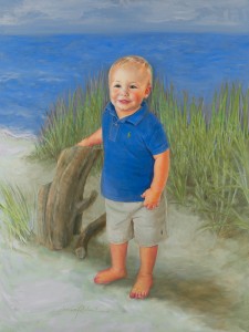 commissioned oil portrait of little boy on beach in blue
