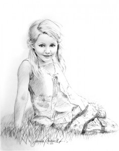 charcoal portrait drawing of a little girl on grass