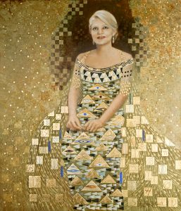 glittering abstract painted portrait of Jessica Rockwell's Woman in Gold homage