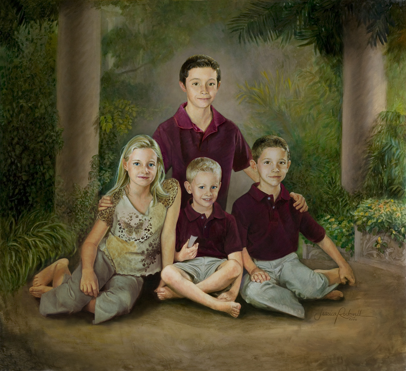A custom oil portrait painting of 3 brothers and a sister seated in from of a background of columns and greenery.
