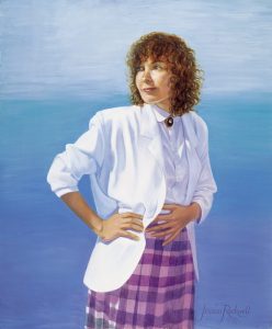 Hand painted portrait, a self-portrait, of Jessica Rockwell on Blue Background
