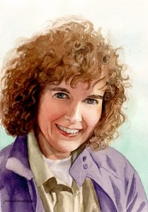 Hand painted portrait, a self portrait, of Jessica Rockwell in watercolor