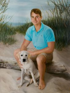 Oil Portrait Painting of young man at beach with dog