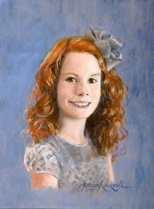 Handmade portrait paintings: young girl with curly red hair by realistic oil portrait painter Jessica Rockwell, cousin to Norman Rockwell and honoring his legacy