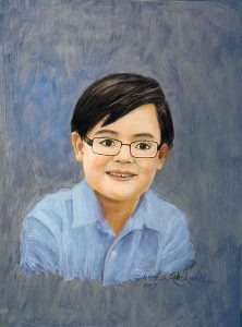 Handmade portrait paintings: young boy with dark hair and cute glasses by realistic oil portrait painter Jessica Rockwell, cousin to Norman Rockwell and honoring his legacy